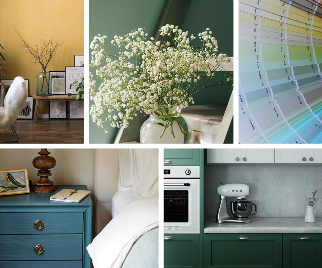 grid of five images all of newly painted walls and furniture