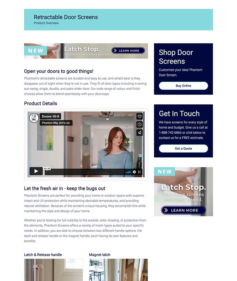 phantom screens website screenshot showing door screen product details