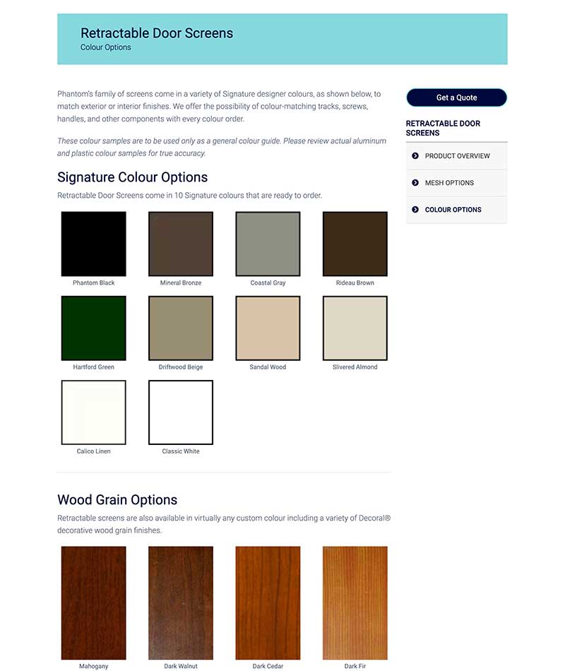 phantom screens website screenshot showing retractable door screen colour and wood grain options