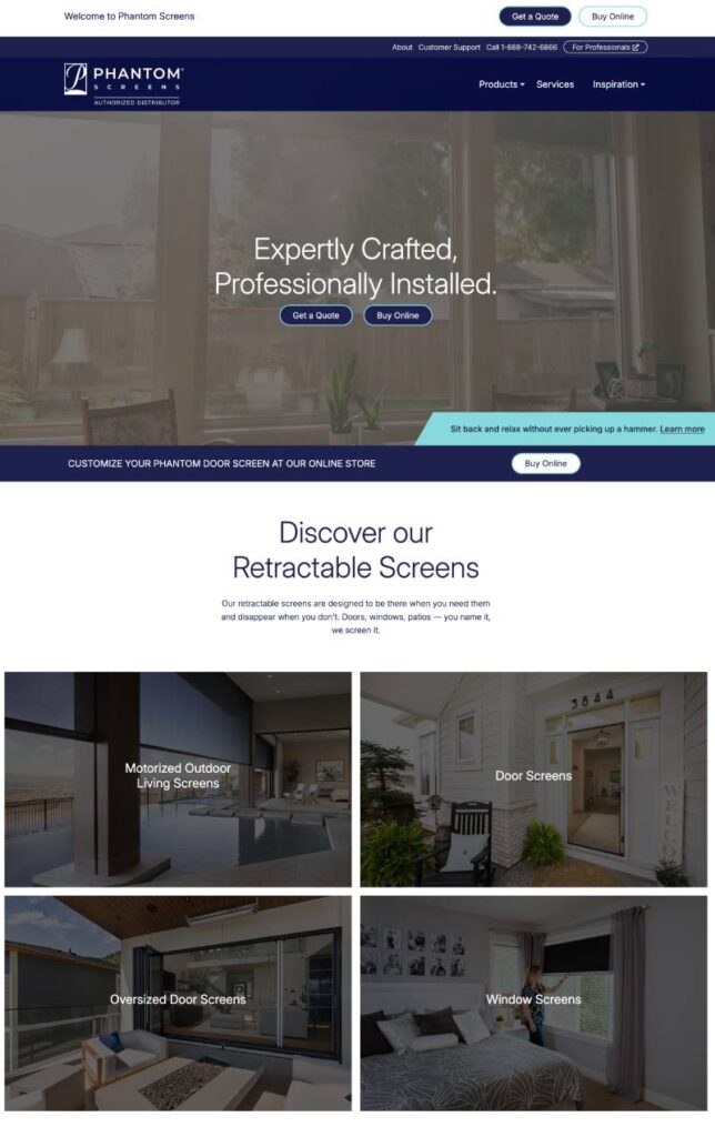 phantom screens website homepage screenshot showing menu header call to actions and three boxes with images headlines and descriptions