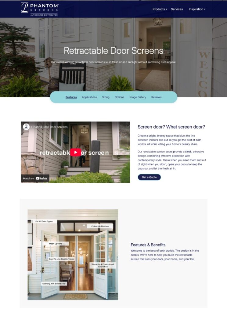 phantom screens website screenshot showing door screen product details