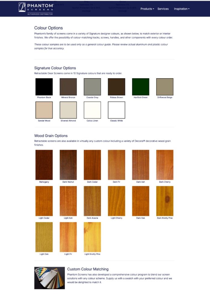 phantom screens website screenshot showing retractable door screen colour and wood grain options